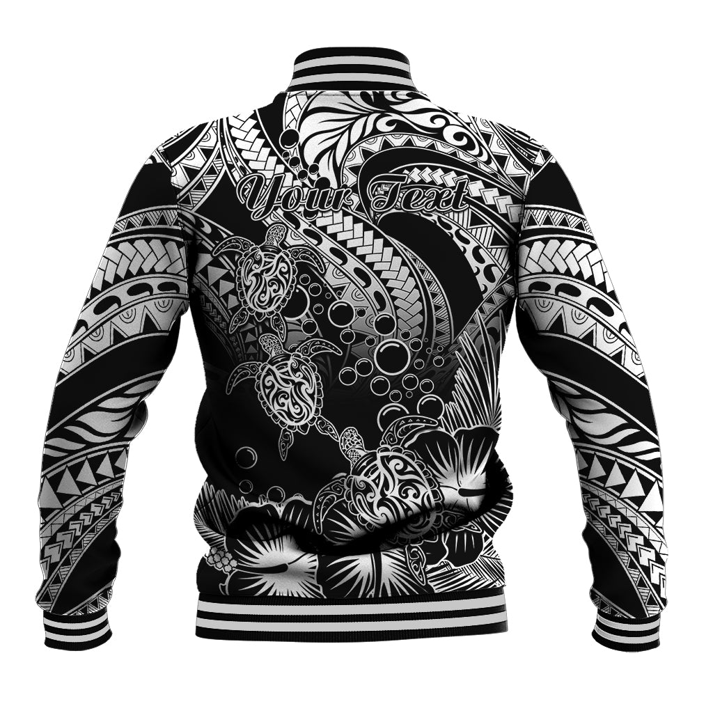 Polynesian baseball jacket back, black with white tribal ocean turtle art, 'Your Text' graphic