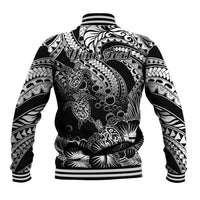 Polynesian baseball jacket back, black with white tribal ocean turtle art, 'Your Text' graphic
