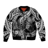 Black bomber jacket with zip front and tribal turtle floral print, ribbed hem cuffs
