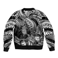 Black bomber jacket back with "Yours Teet" text and tribal turtle floral print, ribbed hem