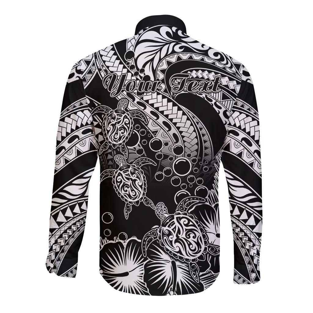 Back view long-sleeve button shirt, black-and-white tribal sea turtle pattern