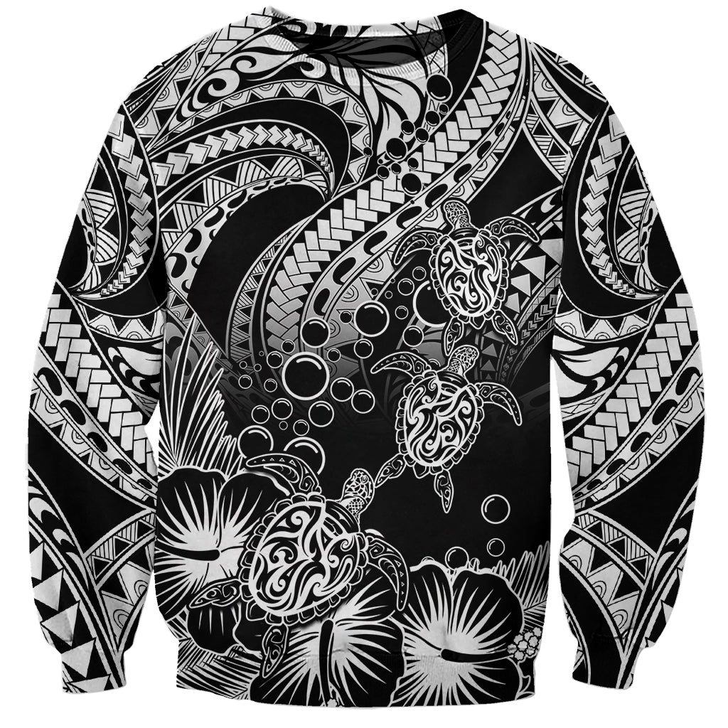 Unisex white sweatshirt with black tribal turtle and hibiscus graphic front