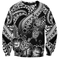 Unisex white sweatshirt with black tribal turtle and hibiscus graphic front