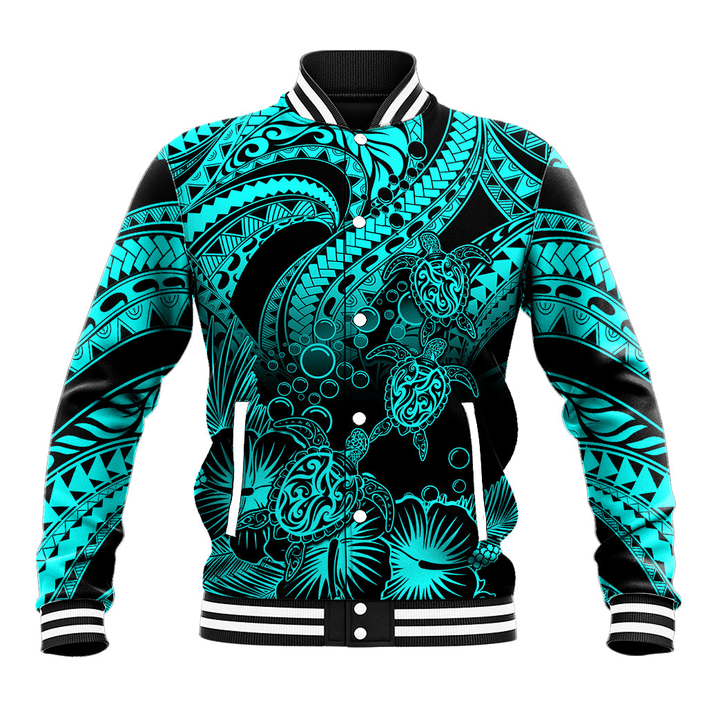 Turquoise/black baseball jacket with ribbed collar, striped cuffs, and turtle graphic