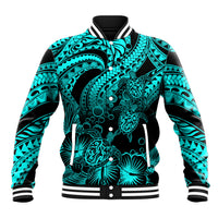 Turquoise/black baseball jacket with ribbed collar, striped cuffs, and turtle graphic