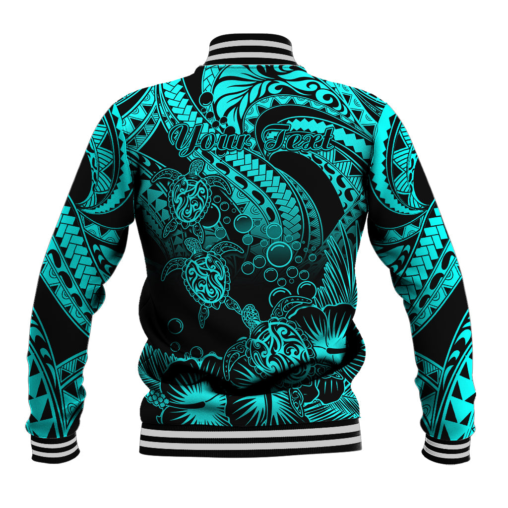 Back of turquoise/black baseball jacket with ribbed collar, striped hem, and tribal turtle print