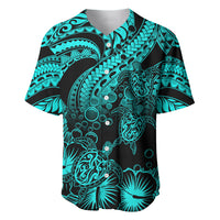 Tribal baseball jersey in dark with turquoise turtle and hibiscus graphics, button placket