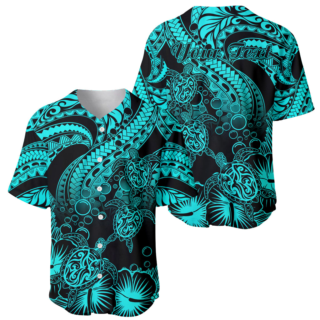 Front and back tribal baseball jersey in dark with turquoise turtle, floral, and wave motifs