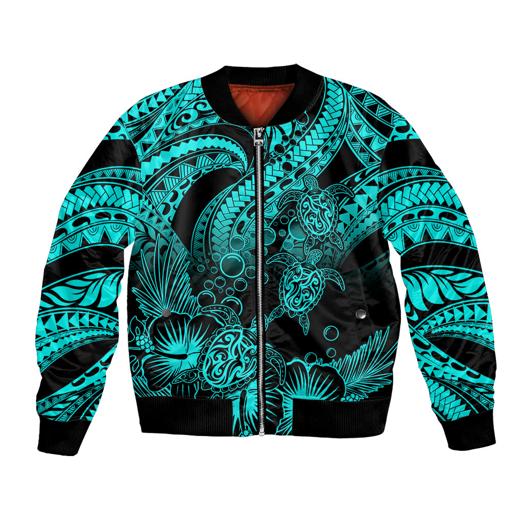 Unisex turquoise and black bomber jacket with tribal turtle and hibiscus graphic
