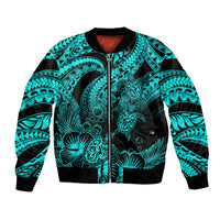 Unisex turquoise and black bomber jacket with tribal turtle and hibiscus graphic