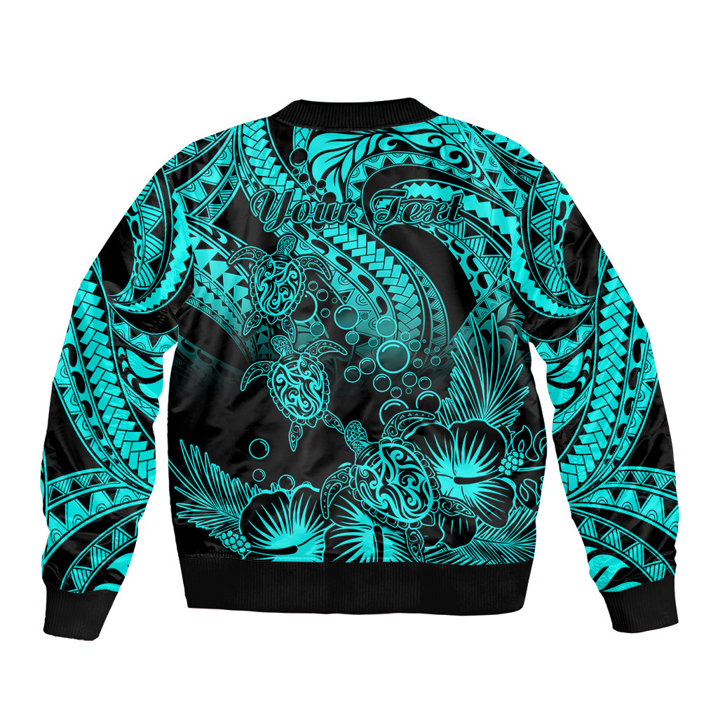 Unisex turquoise and black bomber jacket with large tribal turtle graphic