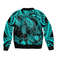 Unisex turquoise and black bomber jacket with large tribal turtle graphic