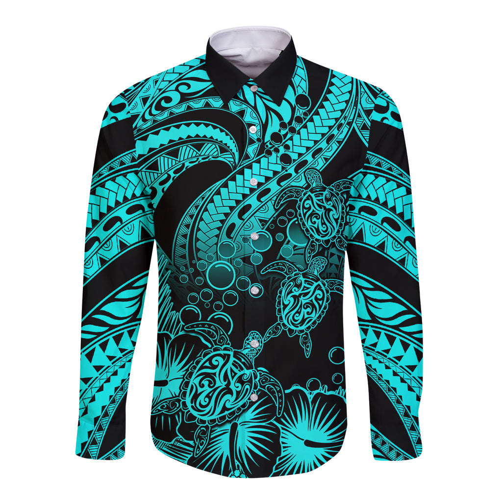 Unisex long sleeve button shirt in turquoise and black with tribal turtle print