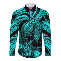 Unisex long sleeve button shirt in turquoise and black with tribal turtle print