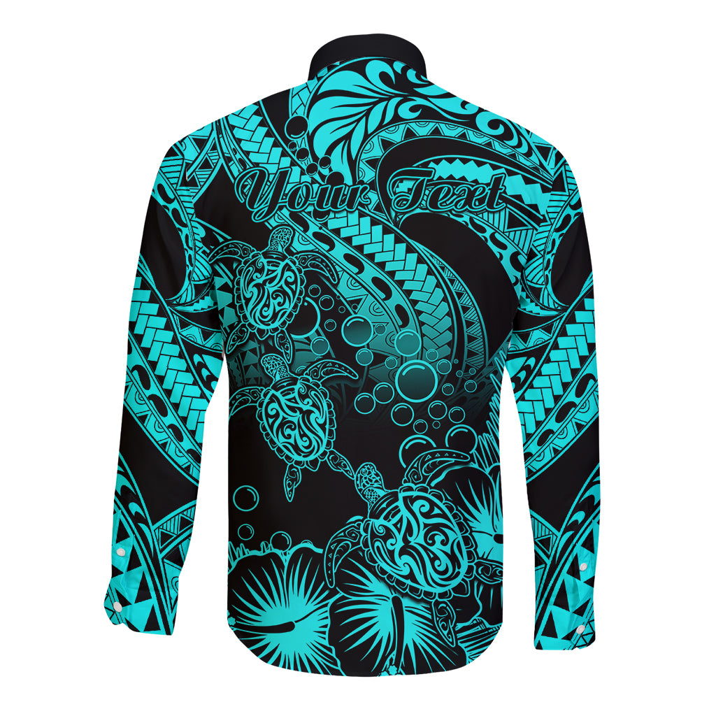 Unisex long sleeve button shirt back with turquoise and black tribal turtle print