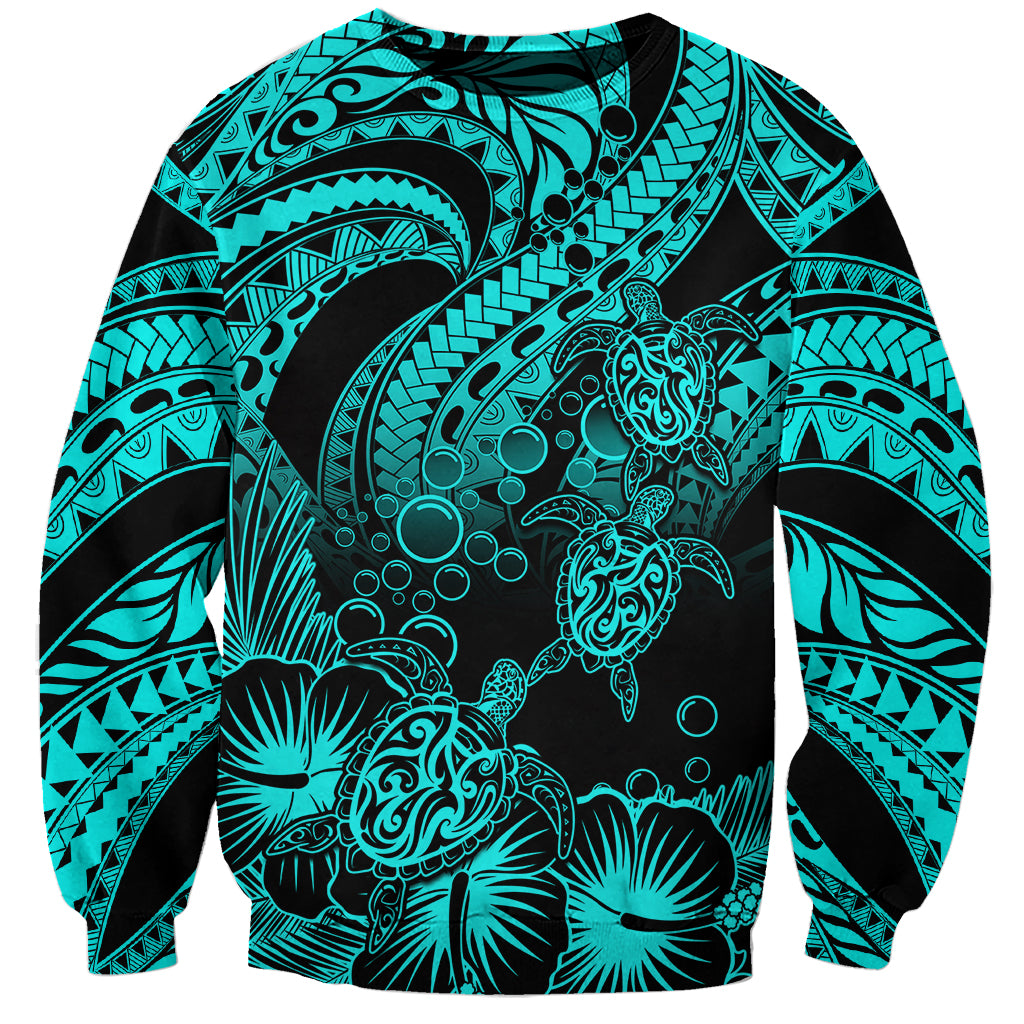 Unisex turquoise and black sweatshirt with Polynesian honu turtle floral tribal print