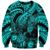 Unisex turquoise and black sweatshirt with Polynesian honu turtle floral tribal print