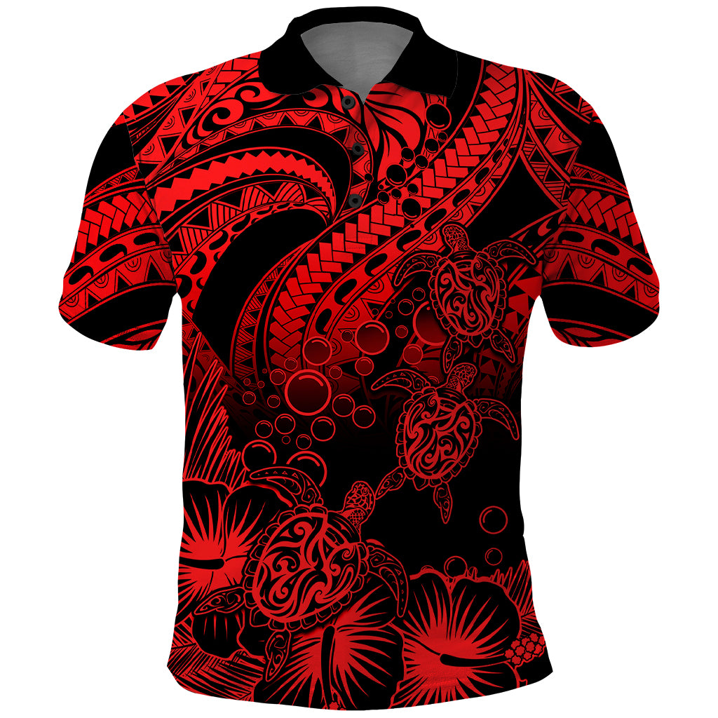 Custom Polynesian Polo Shirt Tribal Honu Turtle with Hibiscus Red Version - Wonder Print Shop