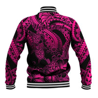 Pink and black baseball jacket with ribbed collar, striped hem, and large tribal print back.