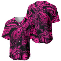 Polynesian baseball jersey in pink-and-black: turtle and hibiscus, front and back view