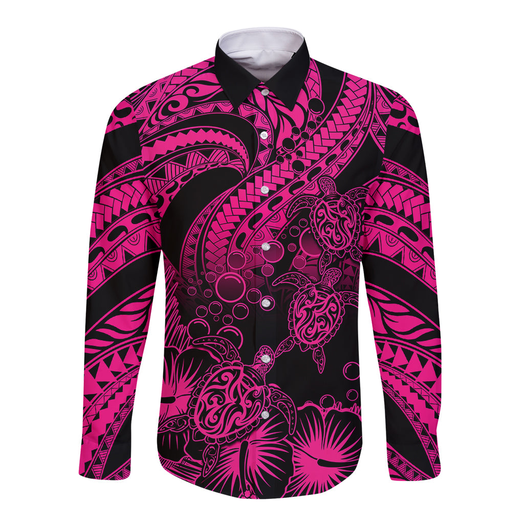 Pink and black long sleeve button shirt with tribal turtle and hibiscus print