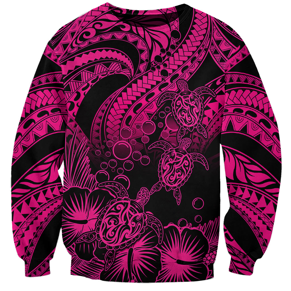 Unisex Polynesian sweatshirt with pink tribal turtle and hibiscus graphic on black