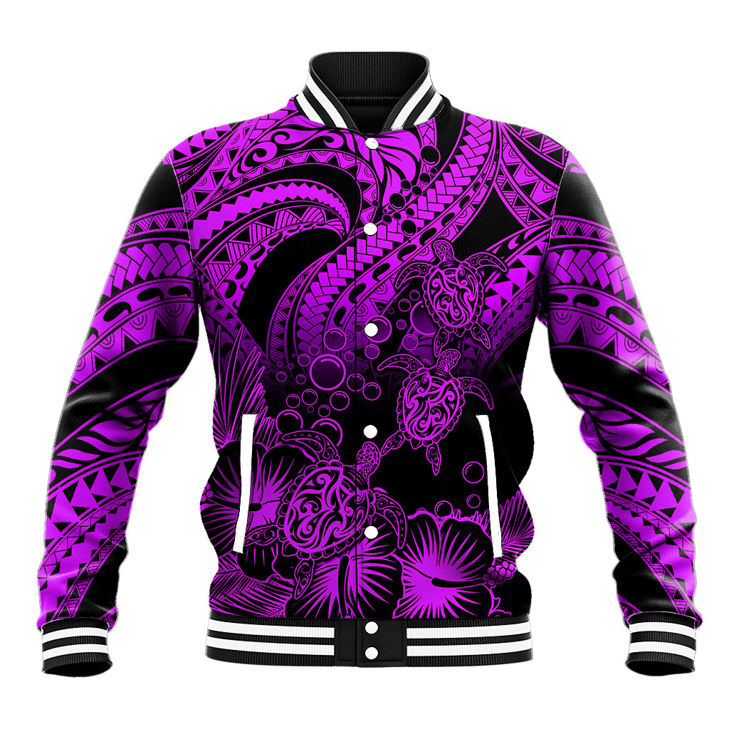 Purple/black graphic varsity jacket, ribbed collar and cuffs, snap buttons, turtle and floral art