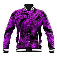 Purple/black graphic varsity jacket, ribbed collar and cuffs, snap buttons, turtle and floral art