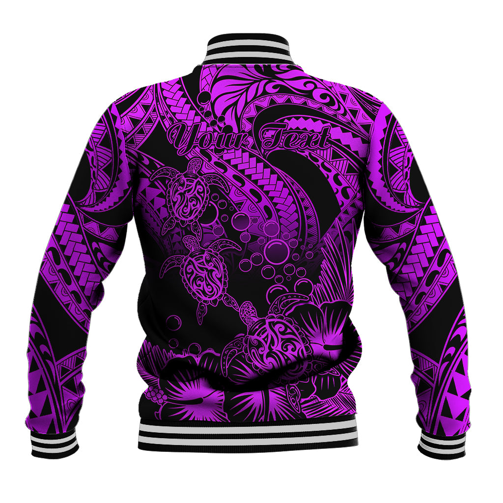 Back view of purple/black graphic varsity jacket with ribbed hem and large turtle floral print
