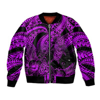 Purple and black bomber jacket with ribbed collar, full-zip front, and tribal turtle art.