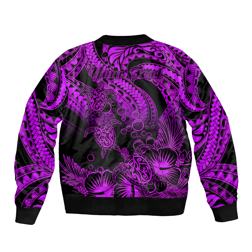 Purple and black bomber jacket back with ribbed hem and bold tribal turtle hibiscus design.