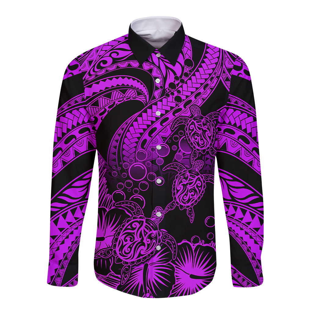 Purple long-sleeve button shirt with black collar and tribal turtle-and-flower print