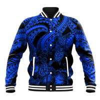 Blue and black baseball jacket with striped rib collar, snap front, tribal honu print