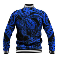 Blue and black baseball jacket back with tribal honu turtle graphic and striped cuffs