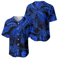 Personalised Polynesian baseball jersey, front and back view, blue turtle & hibiscus print