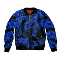 Blue and black bomber jacket with tribal turtle and hibiscus graphics, front zip