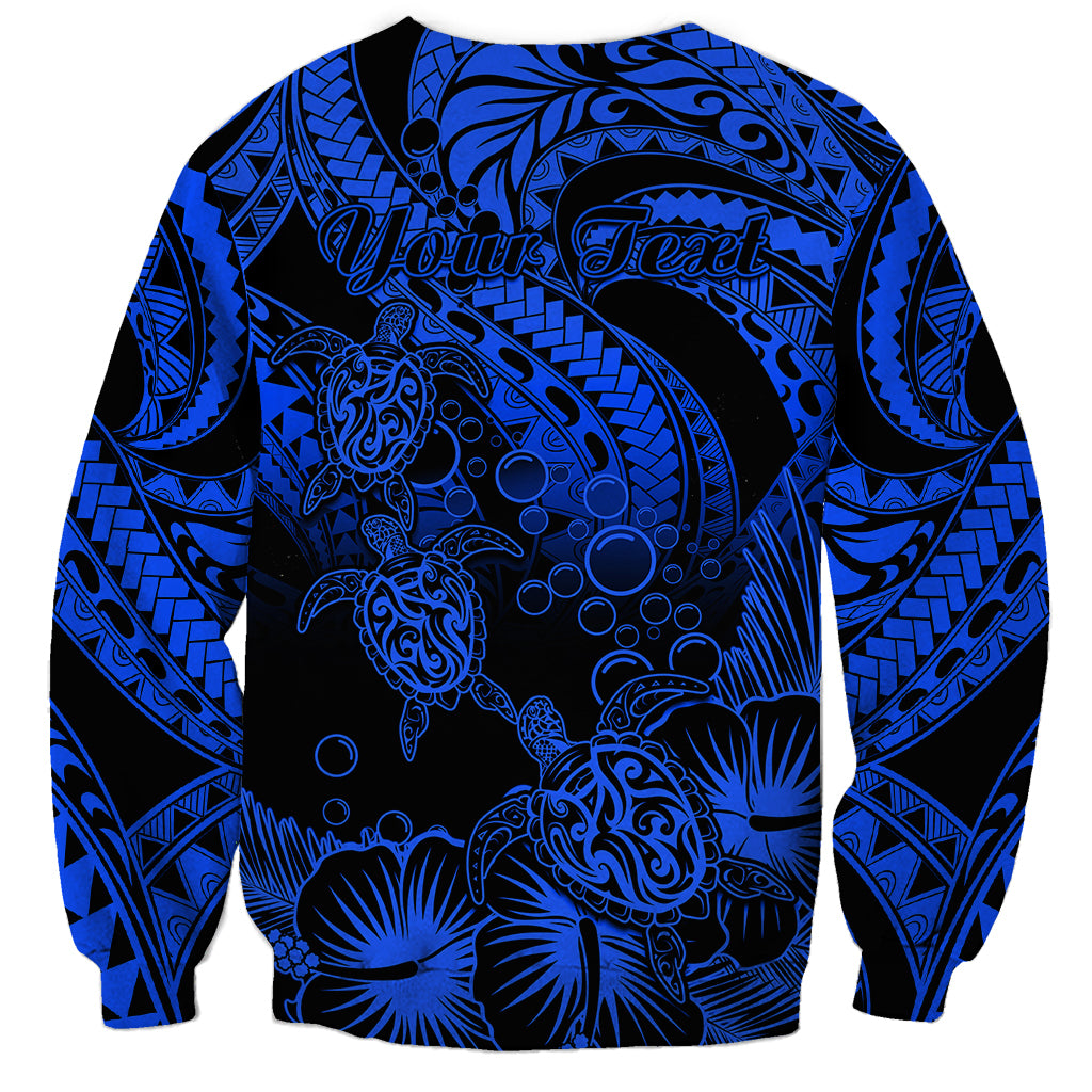 Blue crewneck sweatshirt back with Your Text and honu turtle tribal design