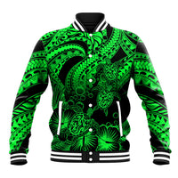 Green-and-black baseball jacket with ribbed collar, striped cuffs, and turtle hibiscus tribal print