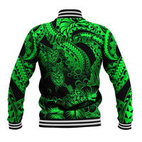 Green-and-black baseball jacket back with ribbed collar, striped hem, and turtle hibiscus tribal print