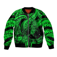Green and black bomber jacket with zip front and Polynesian turtle print