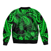 Green and black bomber jacket back with tribal turtle shell and sea-life print