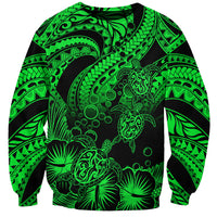 Unisex green and black tribal sweatshirt with honu turtle and hibiscus-style flowers