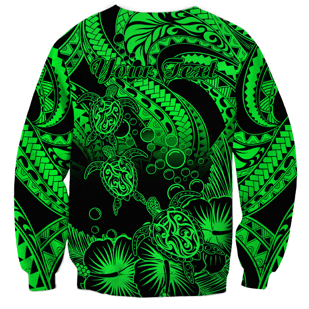 Unisex green and black tribal sweatshirt with honu turtle and floral graphic on front