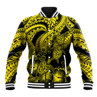 Gold and black Polynesian tribal baseball jacket with hibiscus and honu graphics