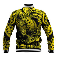 Gold and black Polynesian tribal baseball jacket back print with honu and floral