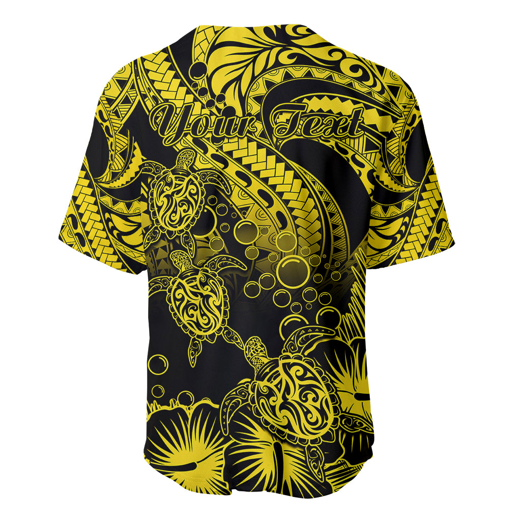 Black baseball jersey, gold Polynesian pattern with turtle, seashell, and floral motifs