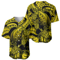 Black baseball jersey with gold Polynesian turtle, seashell, and hibiscus floral print
