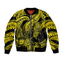 Gold and black tribal-pattern bomber jacket with front zipper and ribbed cuffs