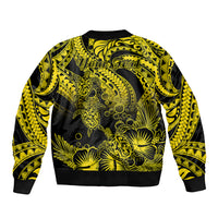 Gold and black tribal-pattern bomber jacket back with ribbed hem and cuffs