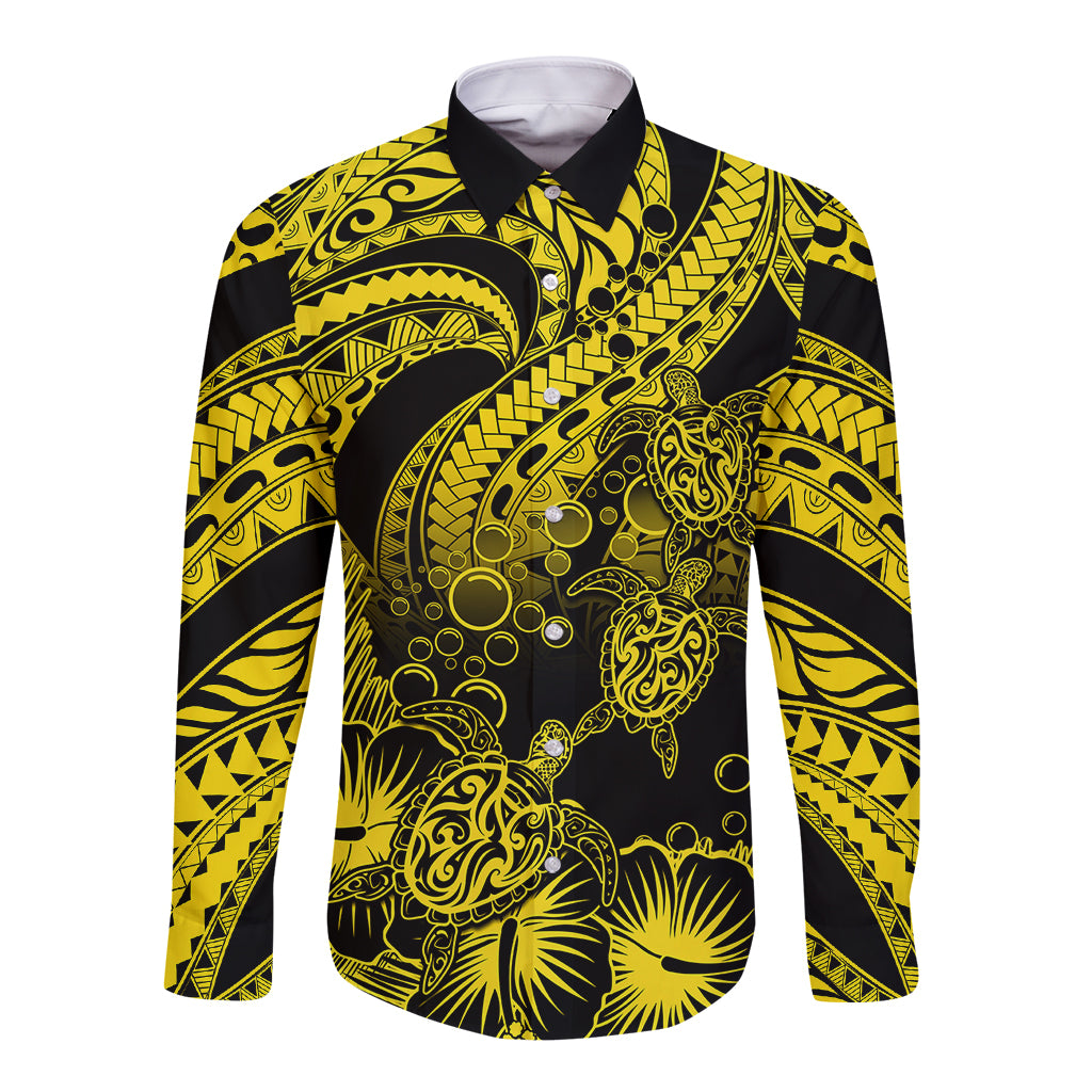 Long-sleeve button shirt with black and gold tribal turtle and ornamental print